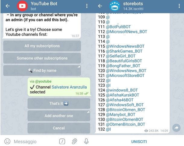 Aggiungere i bot su Telegram