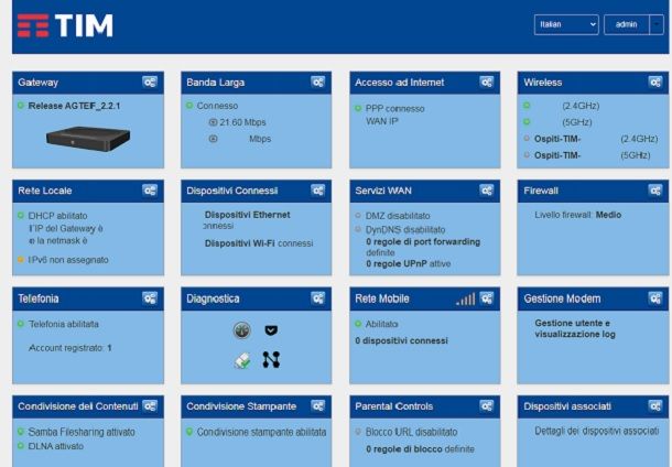 Pagina di gestione del modem TIM accessibile da browser