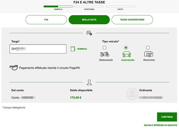 Pagare bollo online con Home Banking