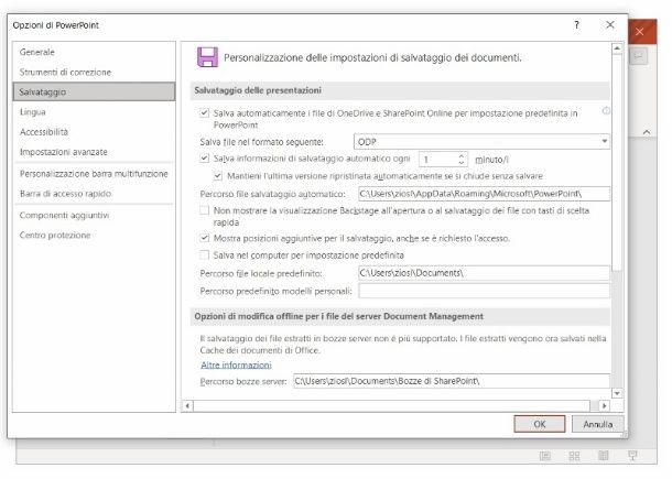 Impostazioni salvataggio PowerPoint