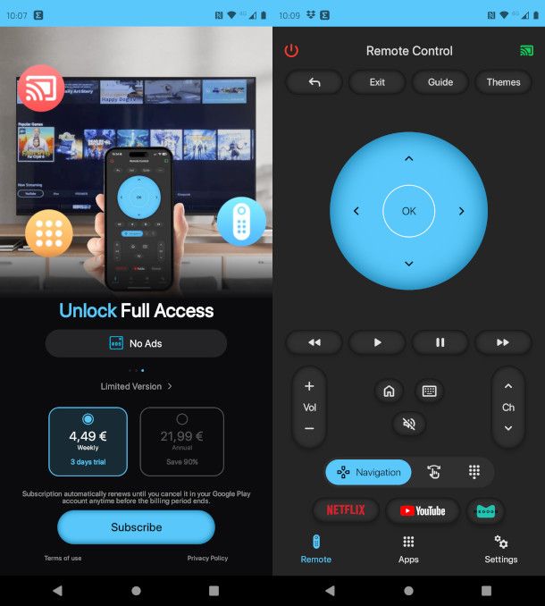 App per collegare il telefono alla TV: telecomando