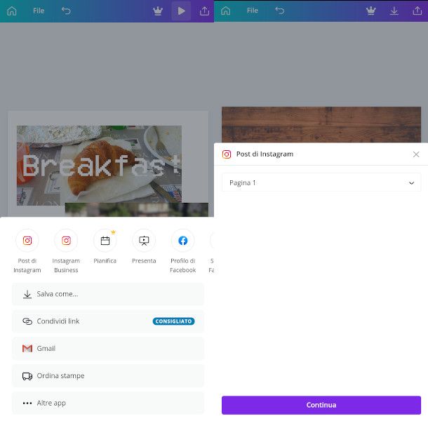 esportare progetto canva Instagram da app