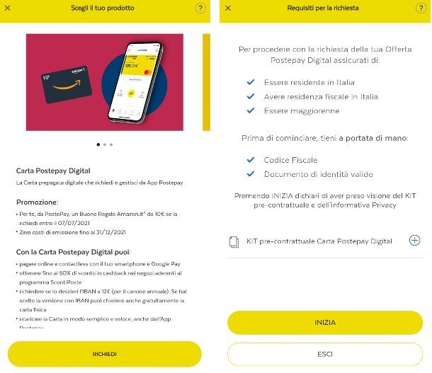 Richiedere Postepay su app
