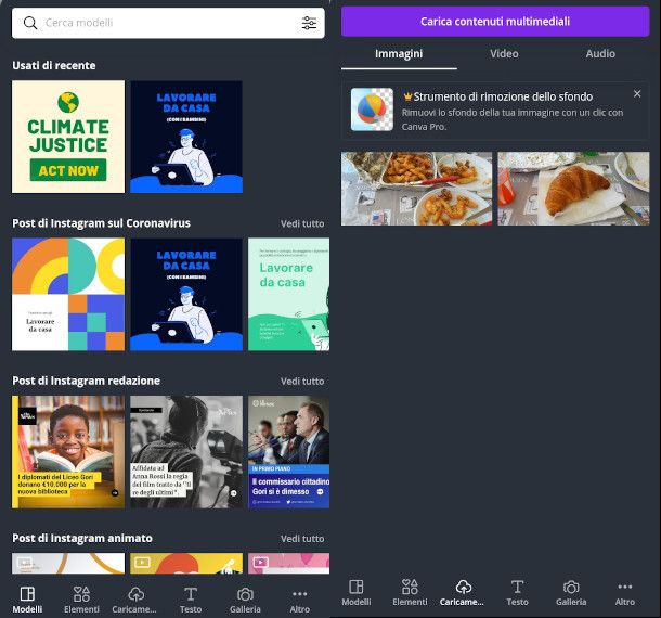app Canva caricamento modelli e contenuti