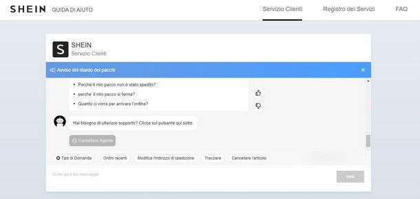 Contattare l'assistenza SHEIN via email o chat