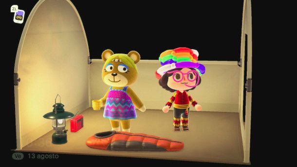 Interno di un accampamento in Animal Crossing: New Horizon