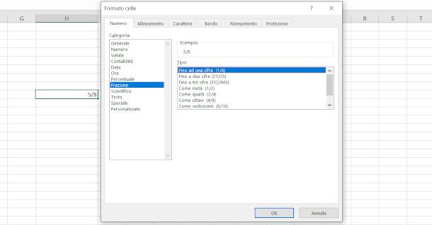 scrivere frazioni su excel