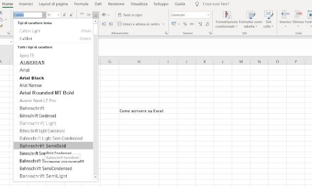 impostare font excel