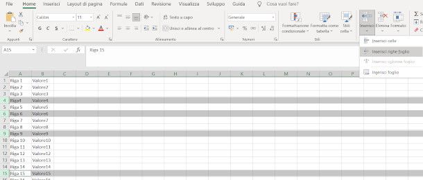 aggiungere righe non adiacenti excel