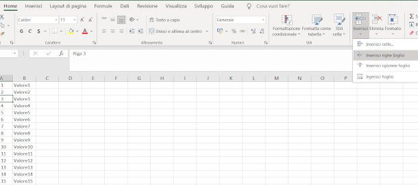 aggiungere una riga excel da menu