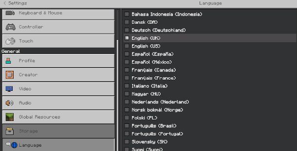 impostare lingua inglese su Minecraft Windows 10