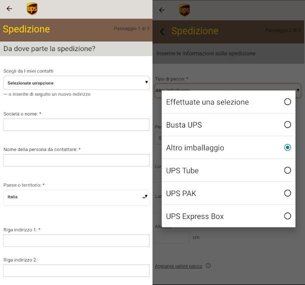 creare spedizione UPS da app