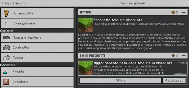 Come attivare pacchetto di texture Minecraft Bedrock