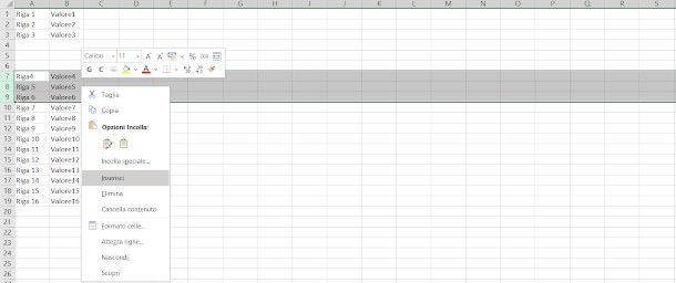 aggiungere righe adiacenti su excel