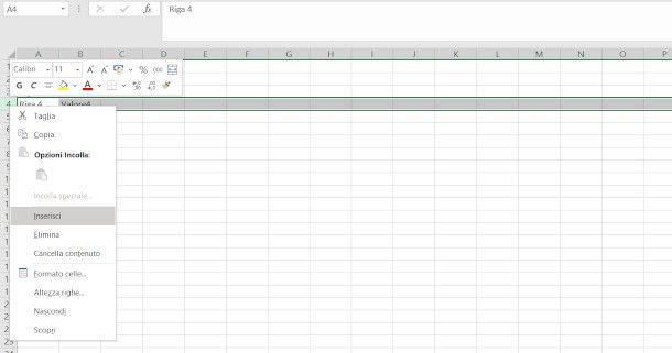 inserimento di una riga file excel