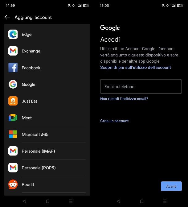 Accedere all'account Google da Android