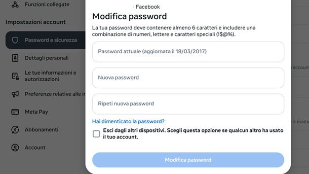 Cambiare password Facebook