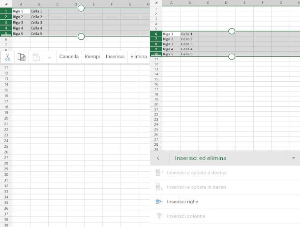 aggiunta righe excel mobile