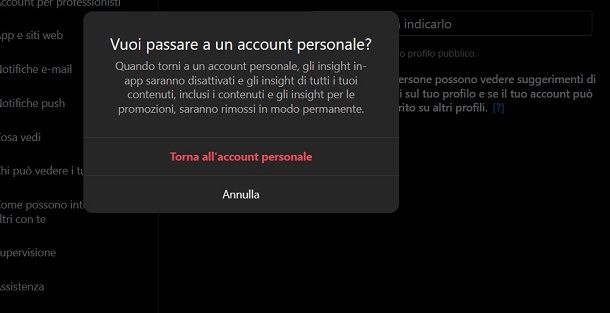 Tornare all'account personale Instagram