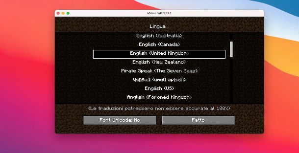 impostare lingua inglese in MinecraftJava edition