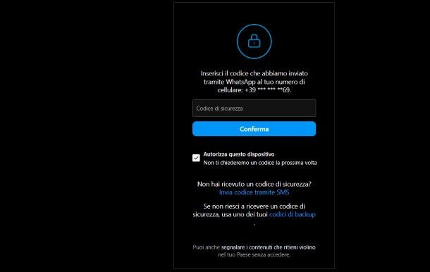 Accedere a Instagram con SMS o WhatsApp