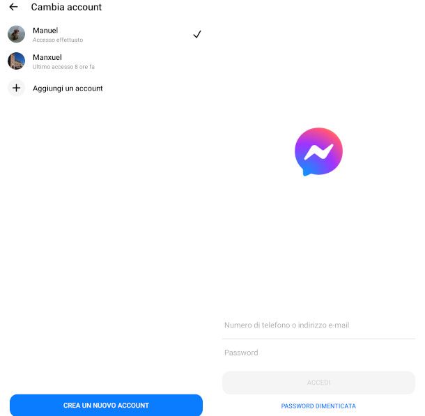 accedere con un altro account su Messenger