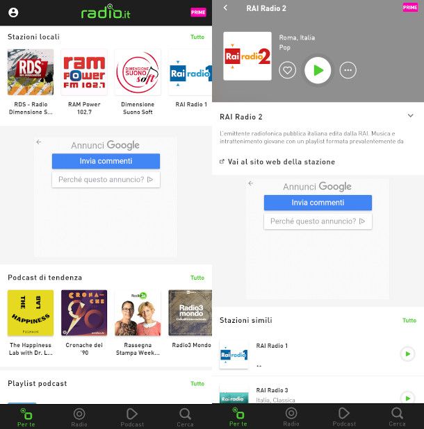 schermate app radioit