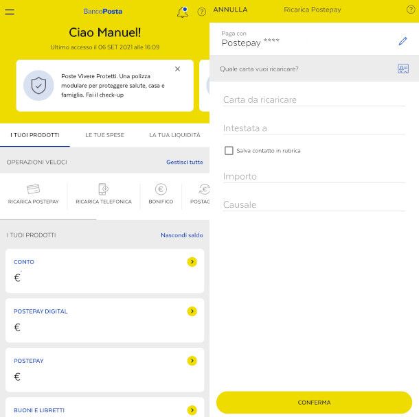 ricarica postepay digital da app bancoposta
