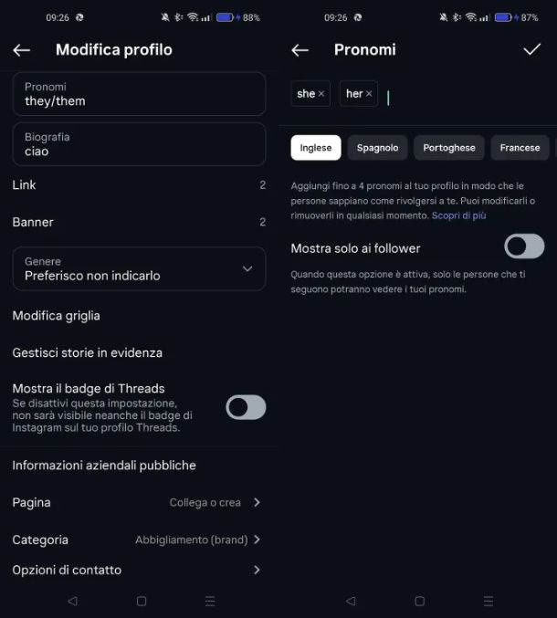 Come mettere i pronomi su Instagram su Android
