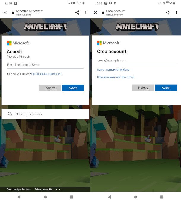 creazione account Microsoft Minecraft PE