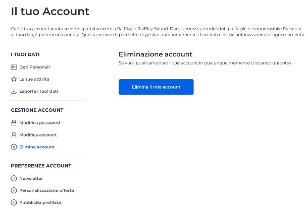 cancellare un account RaiPlay da computer