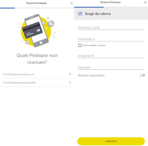 ricarica postepay digital intestata ad altri su app postepay