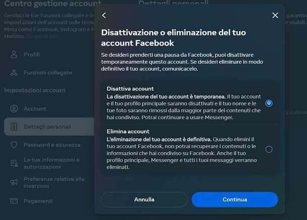 Disattivazione Account Facebook