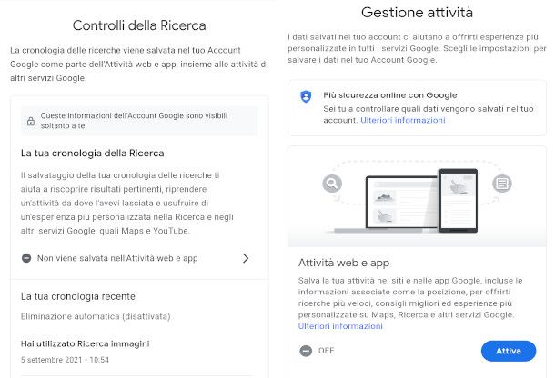 attivazione attività web e app Discover Google