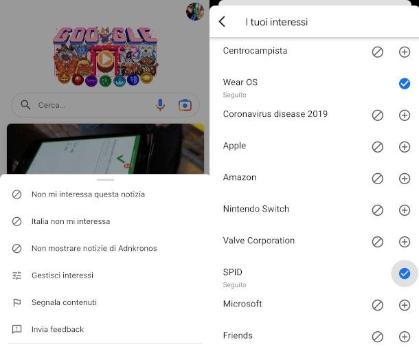 gestione preferenze discover google app iphone