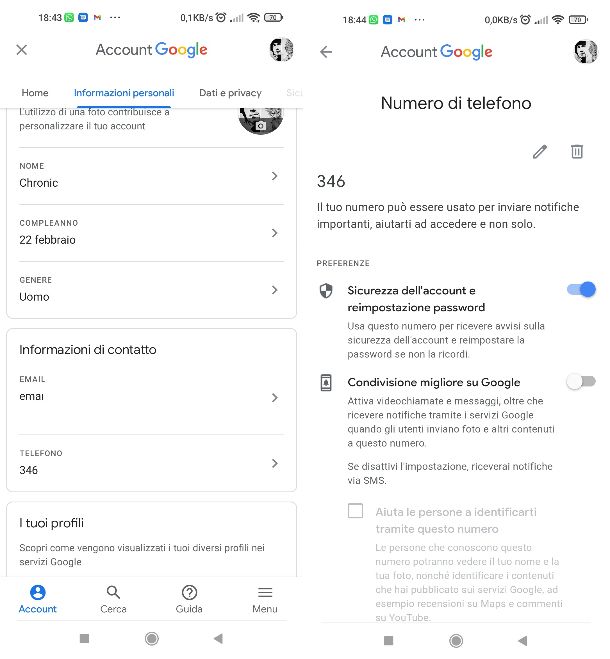 Cancellare numero di telefono Google
