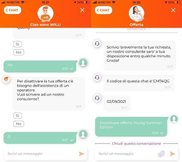 App WINDTRE chat per disattivare offerta