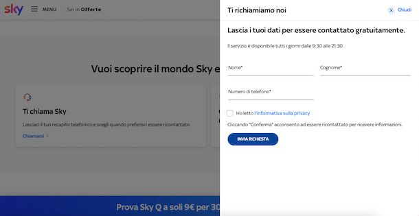 Modulo per essere contattati da Sky 