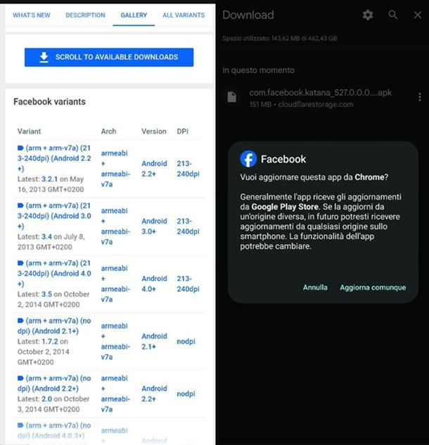 Installare Facebook senza Play Store