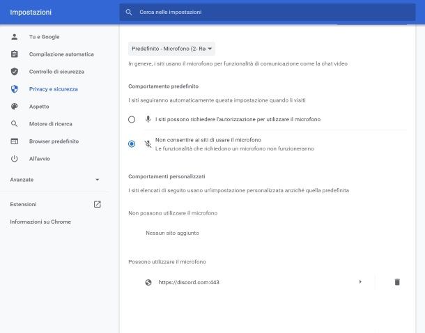 Disattivare microfono Google Chrome