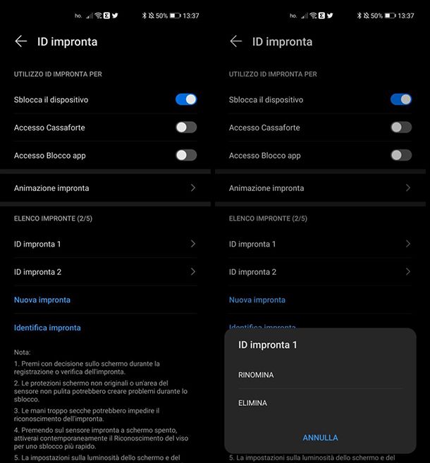 Come togliere blocco schermo HUAWEI con impronta digitale