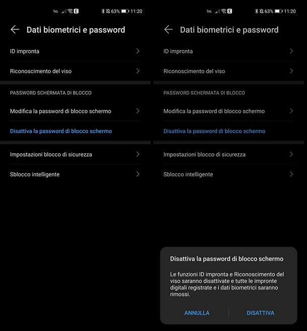 Come togliere blocco schermo HUAWEI con PIN o sequenza