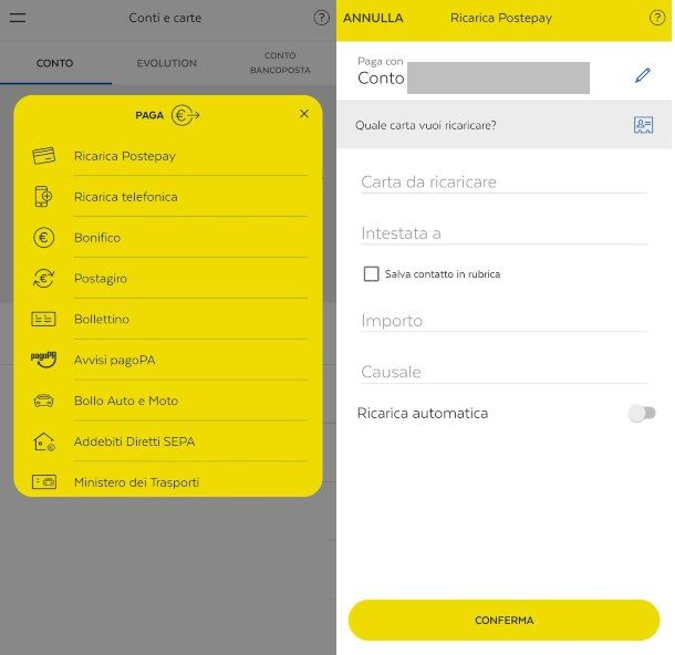 Come ricaricare Postepay da app BancoPosta