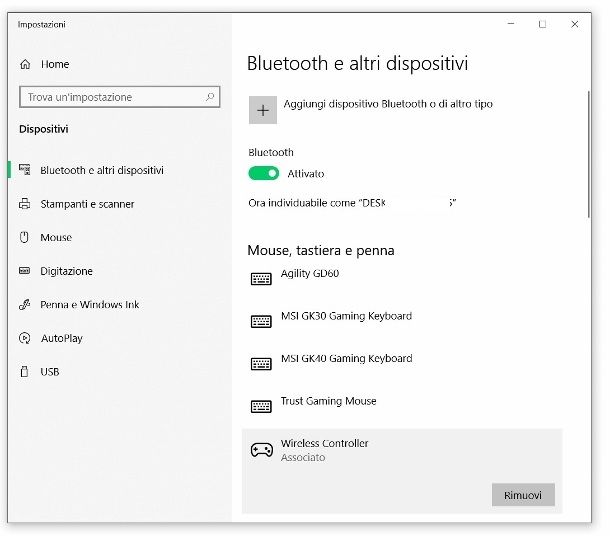 Eliminare dispositivi associati Bluetooth Windows 10