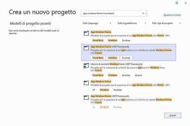 Nuovo Progetto Visual Basic