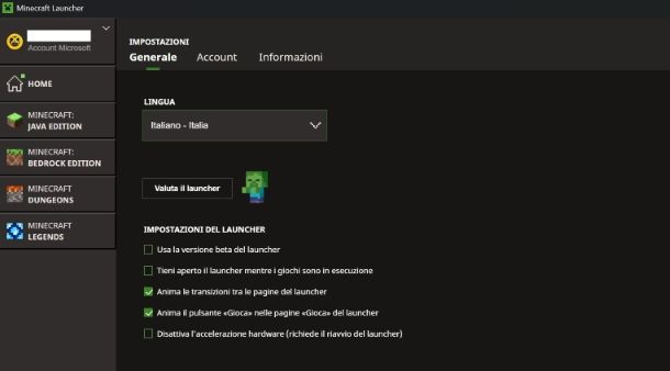 Come cambiare lingua su Minecraft Launcher