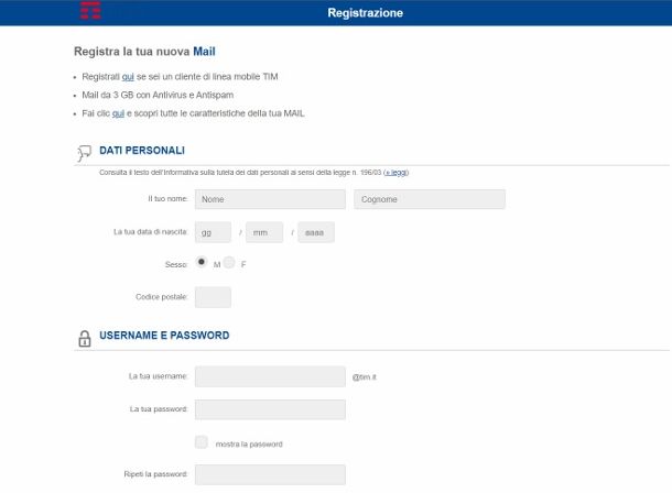 Registrazione Alice TIM Mail