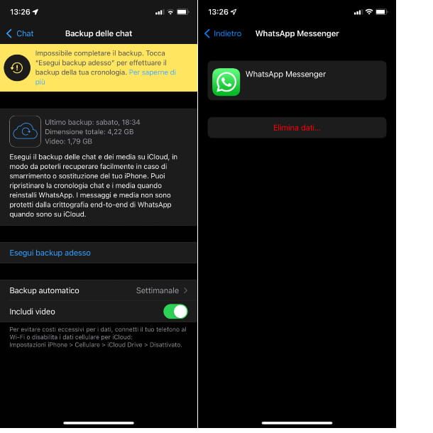 eliminare backup whatsapp icloud