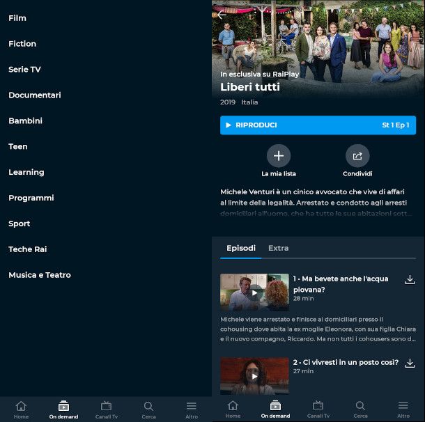 sezione on demand app raiplay