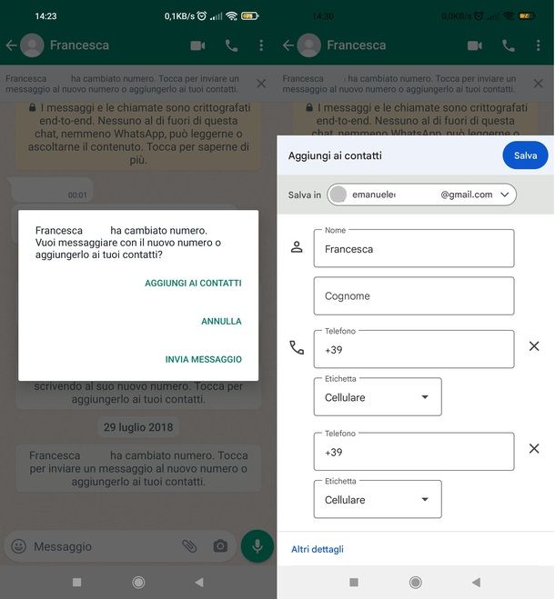 Aggiungere contatto WhatsApp Androiid